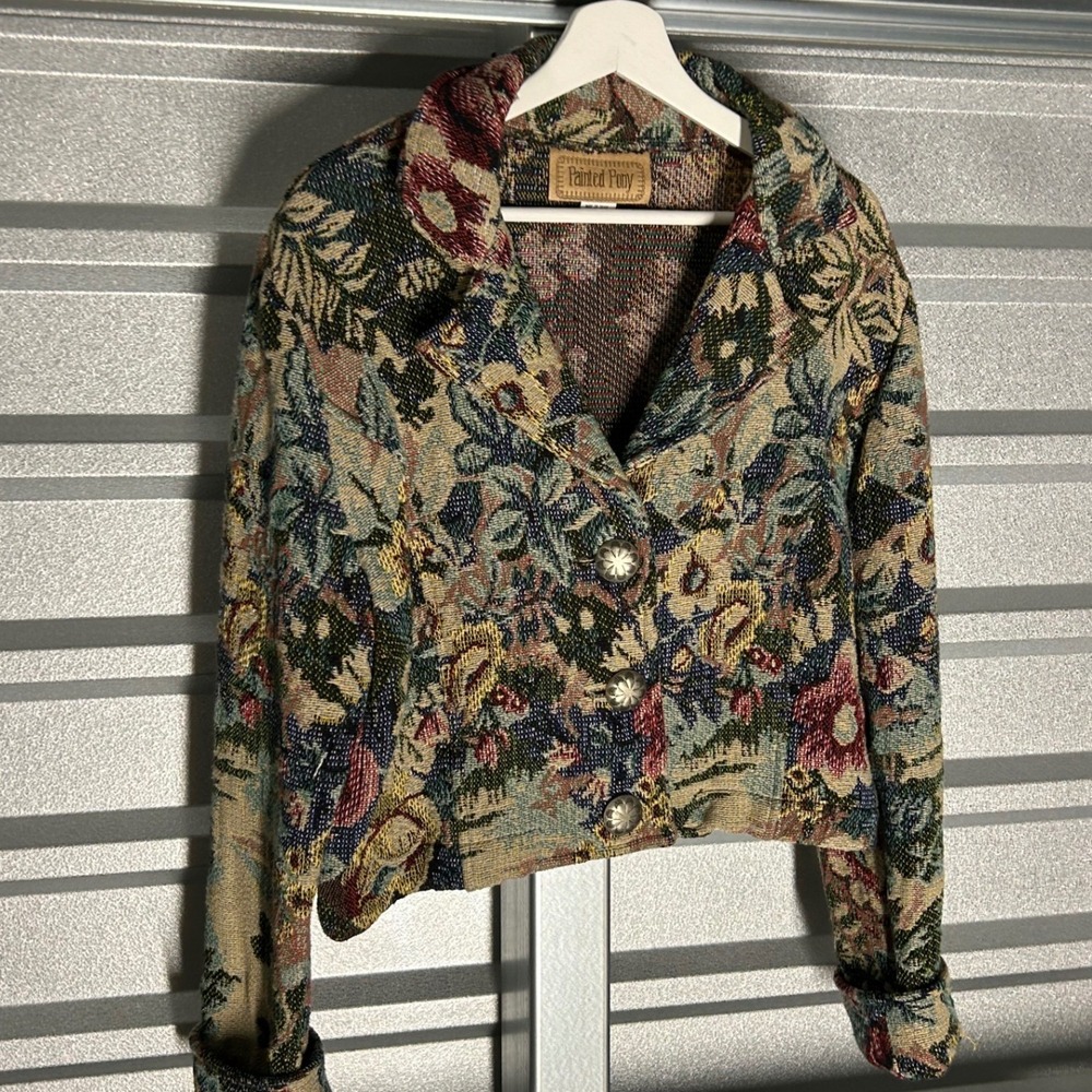 VINTAGE Painted Pony Tapestry Jacket Womens S/M Multi Color Floral Boho Woven